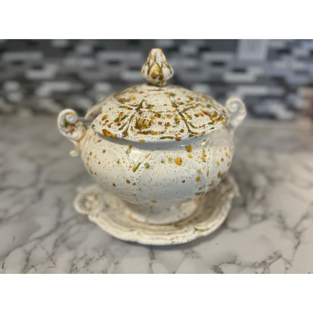 Handmade Ceramic Soup Tureen Orange/green/White Spatter W/Lid-Ladle-Under Plate
